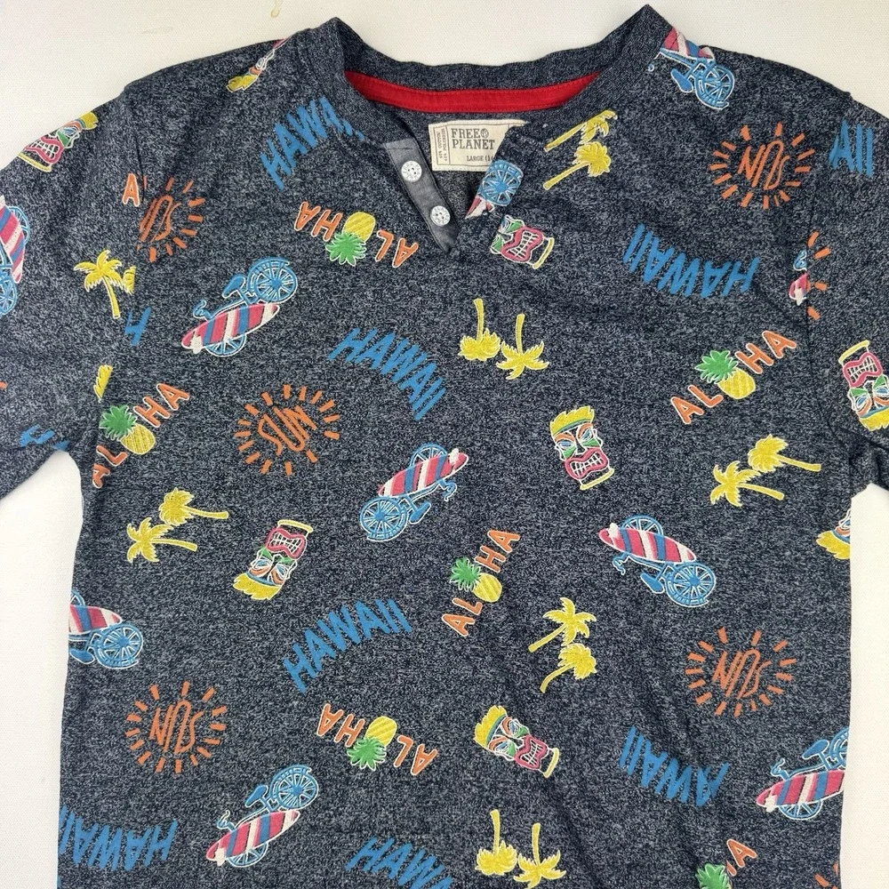 Free Planet Boys L 14 16 Hawaiian Tiki Aloha Surf Henley Shirt Tropical